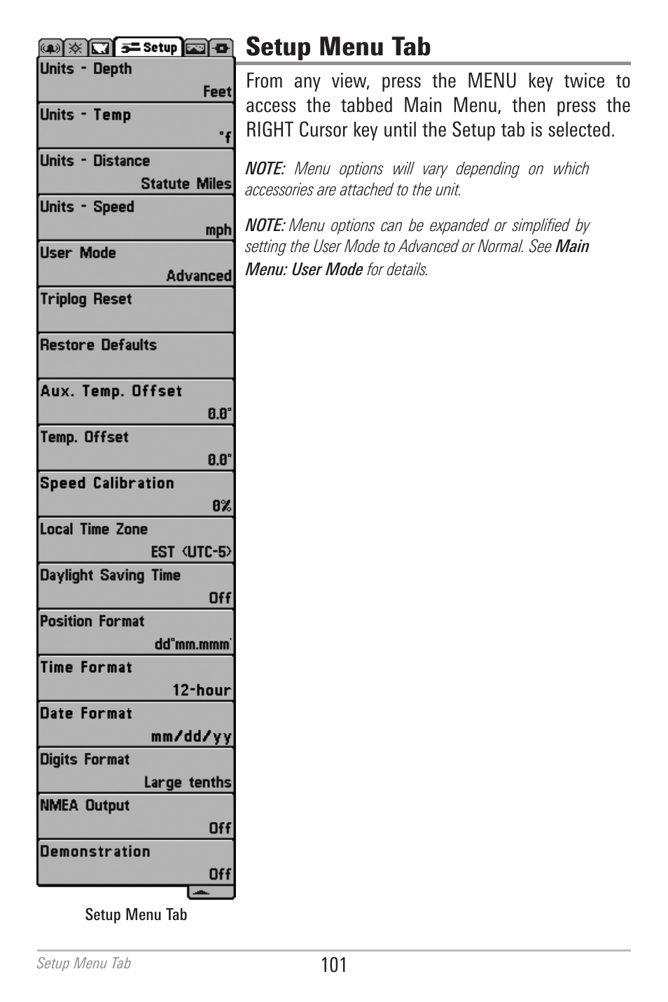 Setup menu tab | Humminbird 700 SERIES 786CI User Manual | Page 110 / 138