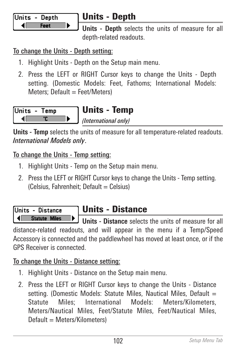 Units - depth, Units - temp, Units - distance | Humminbird 700 SERIES 786CI User Manual | Page 111 / 138