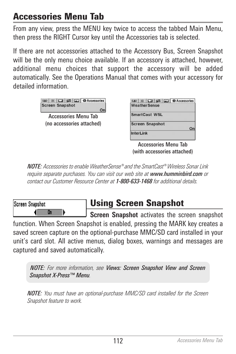 Accessories menu tab, Using screen snapshot | Humminbird 700 SERIES 786CI User Manual | Page 121 / 138