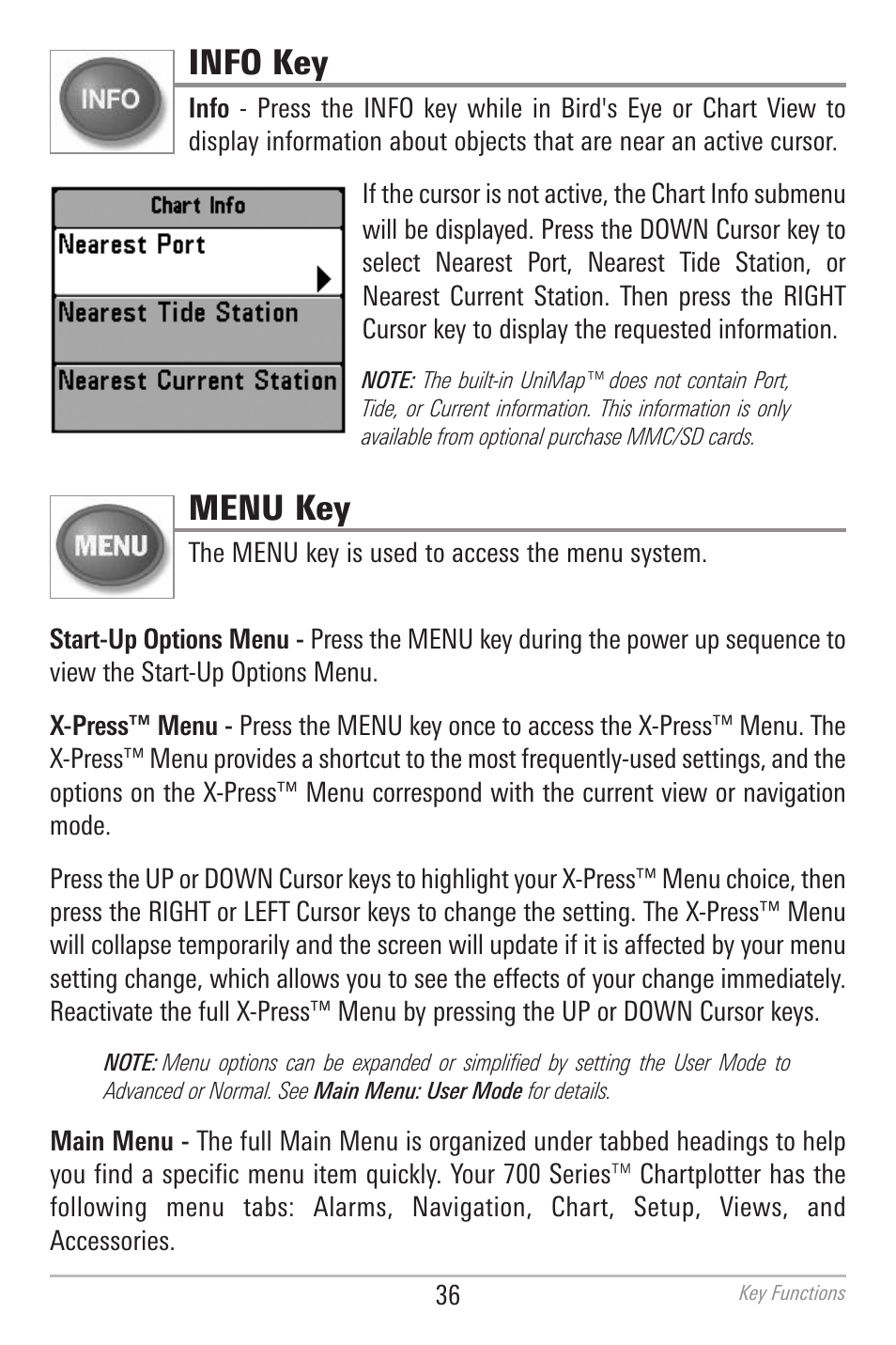 Info key, Menu key | Humminbird 700 SERIES 786CI User Manual | Page 45 / 138