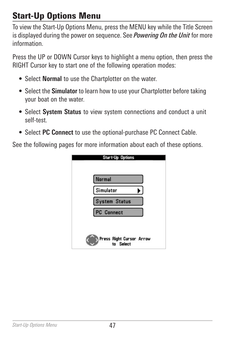 Start-up options menu | Humminbird 700 SERIES 786CI User Manual | Page 56 / 138