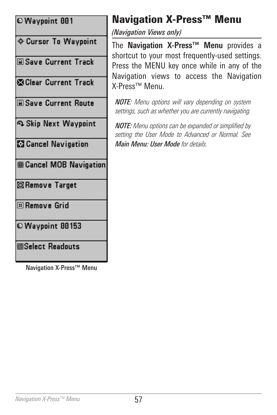 Navigation x-press™ menu | Humminbird 700 SERIES 786CI User Manual | Page 66 / 138