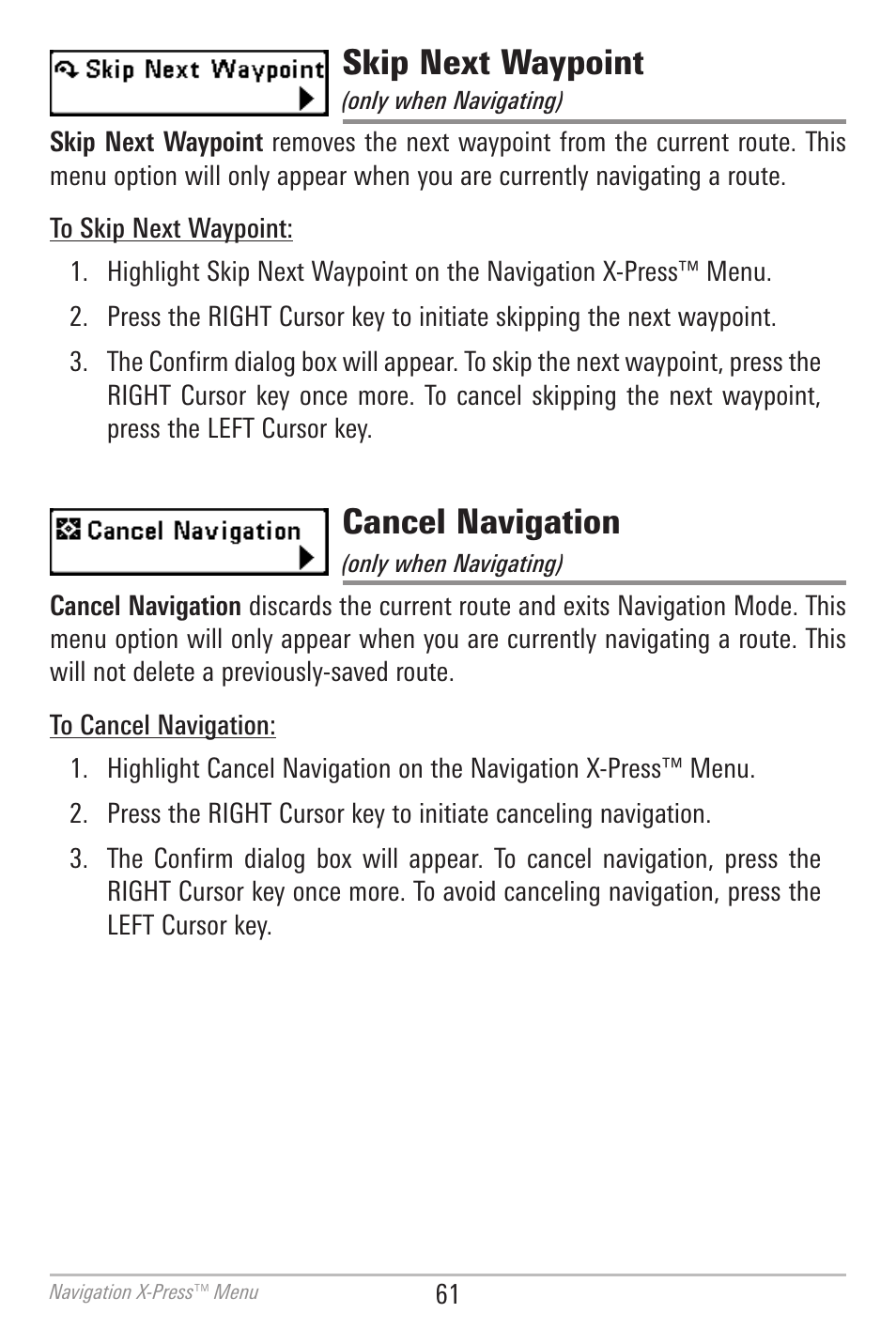 Skip next waypoint, Cancel navigation | Humminbird 700 SERIES 786CI User Manual | Page 70 / 138