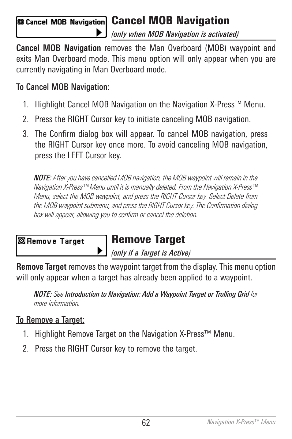 Cancel mob navigation, Remove target | Humminbird 700 SERIES 786CI User Manual | Page 71 / 138