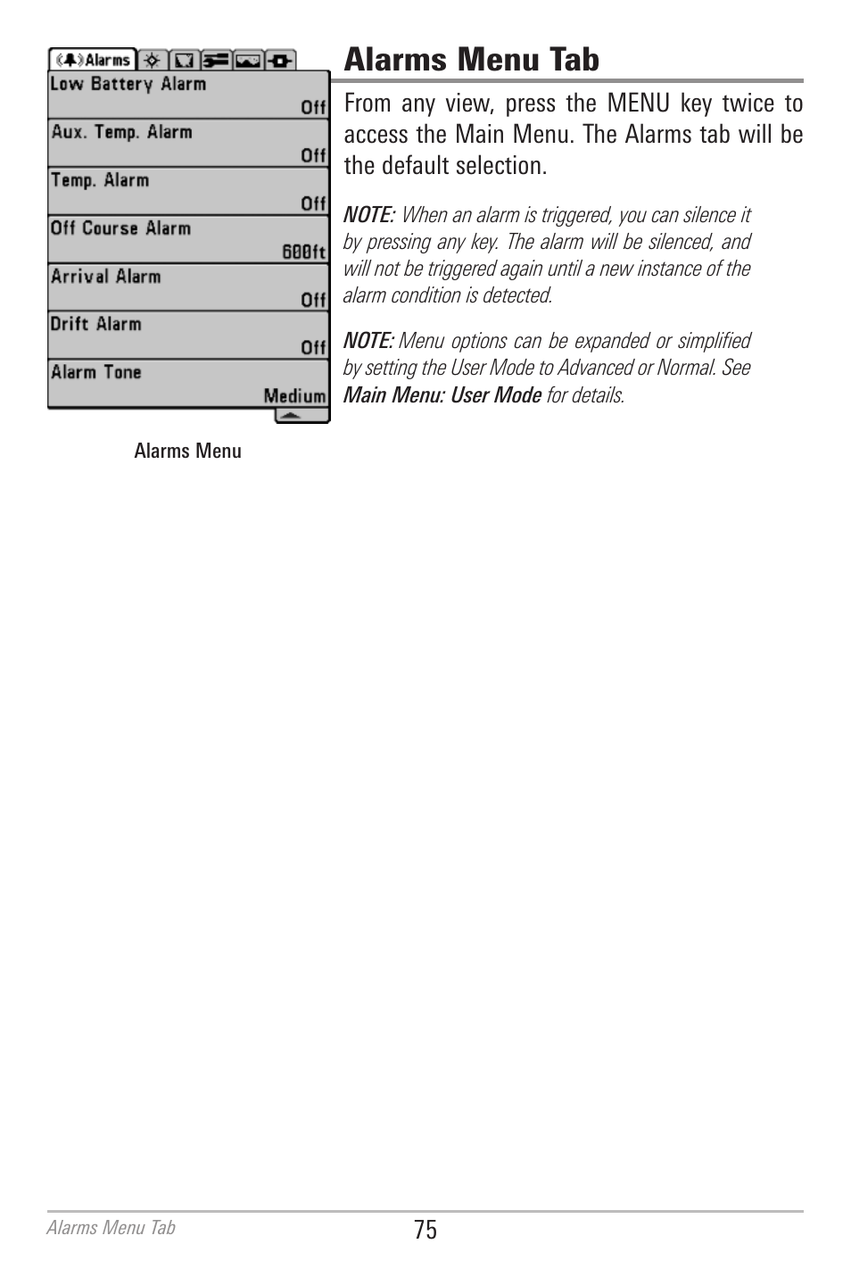 Alarms menu tab | Humminbird 700 SERIES 786CI User Manual | Page 84 / 138