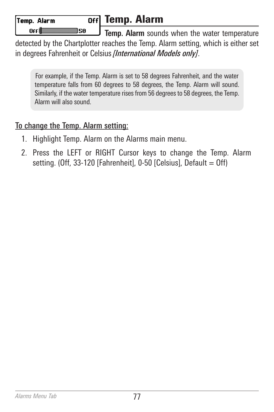 Temp. alarm | Humminbird 700 SERIES 786CI User Manual | Page 86 / 138