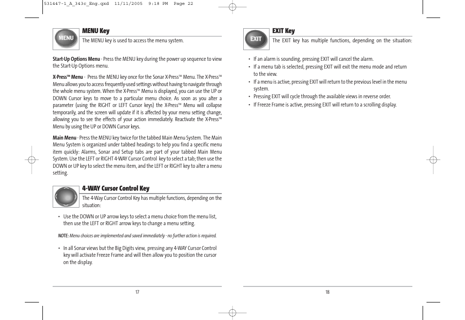 Exit key, Menu key, Way cursor control key | Humminbird 343c User Manual | Page 12 / 36
