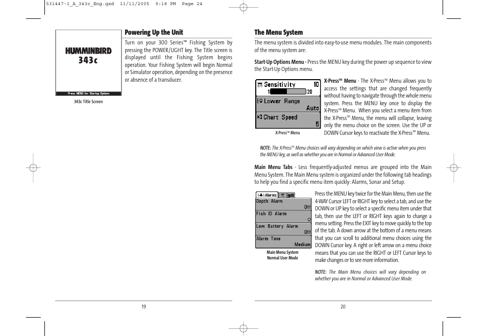 3 43 c, The menu system, Powering up the unit | Humminbird 343c User Manual | Page 13 / 36