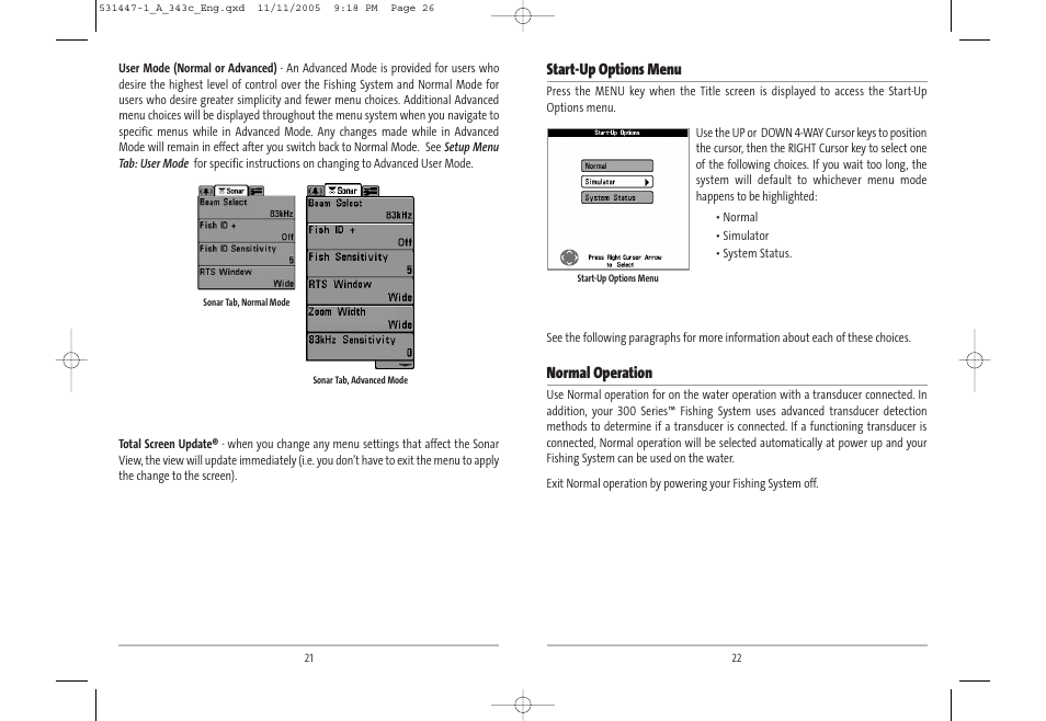 Start-up options menu, Normal operation | Humminbird 343c User Manual | Page 14 / 36