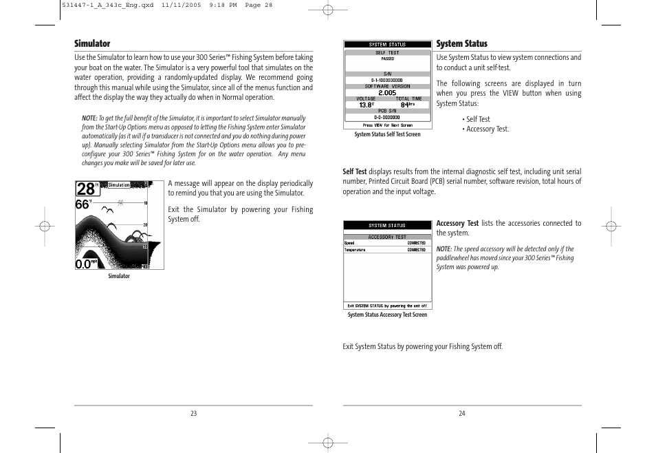 System status, Simulator | Humminbird 343c User Manual | Page 15 / 36