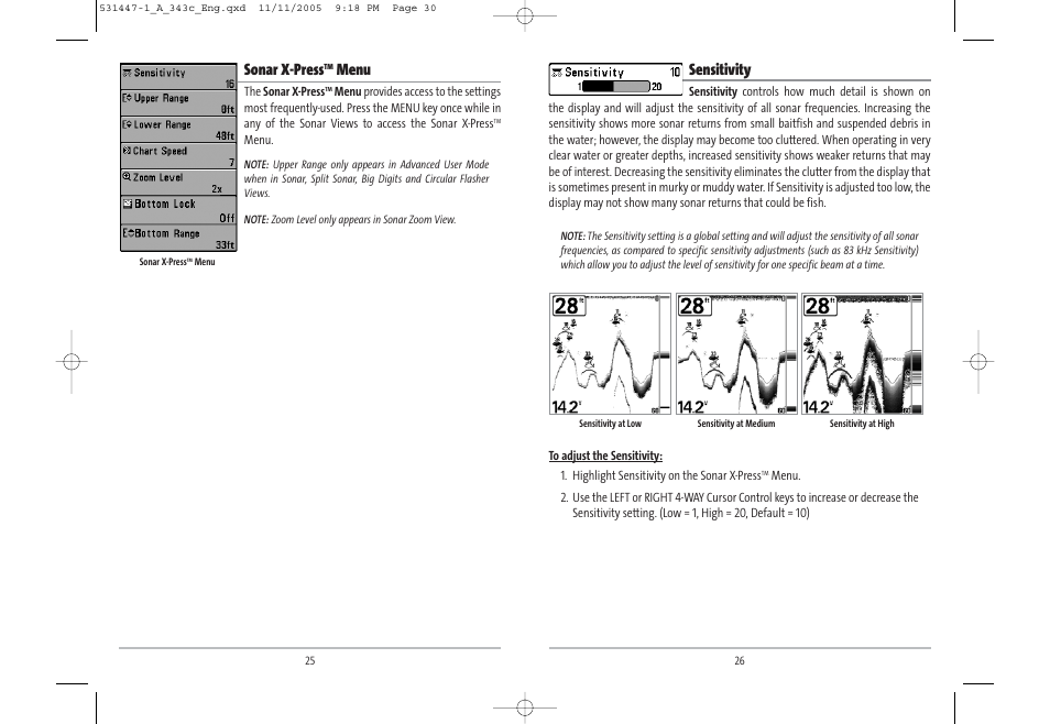 Sensitivity, Sonar x-press, Menu | Humminbird 343c User Manual | Page 16 / 36