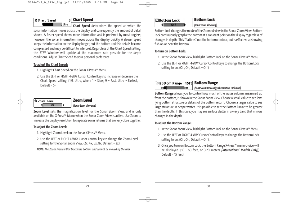 Bottom lock, Bottom range, Chart speed | Zoom level | Humminbird 343c User Manual | Page 18 / 36