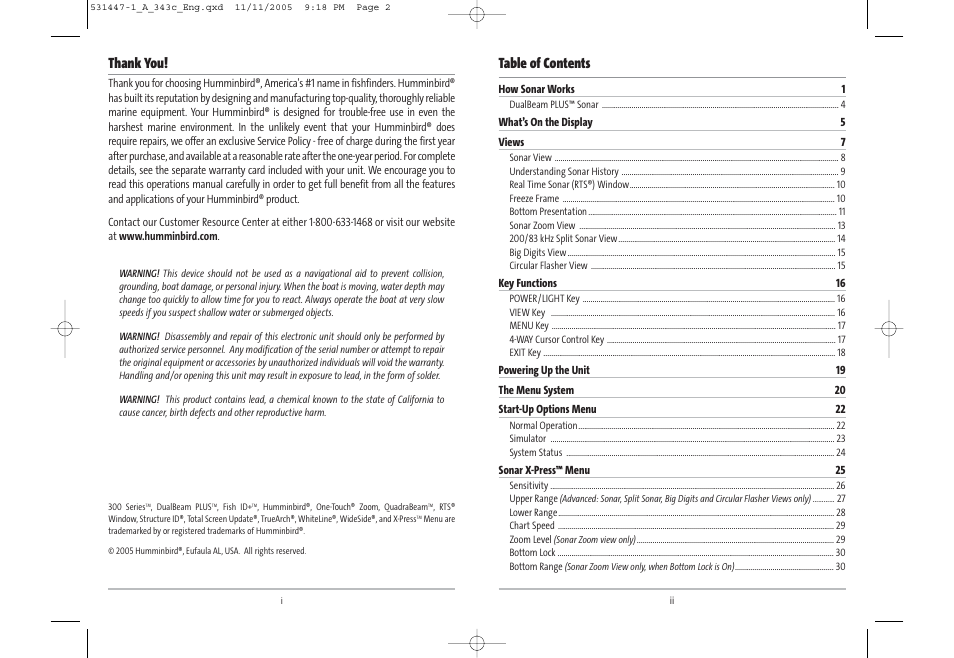 Humminbird 343c User Manual | Page 2 / 36