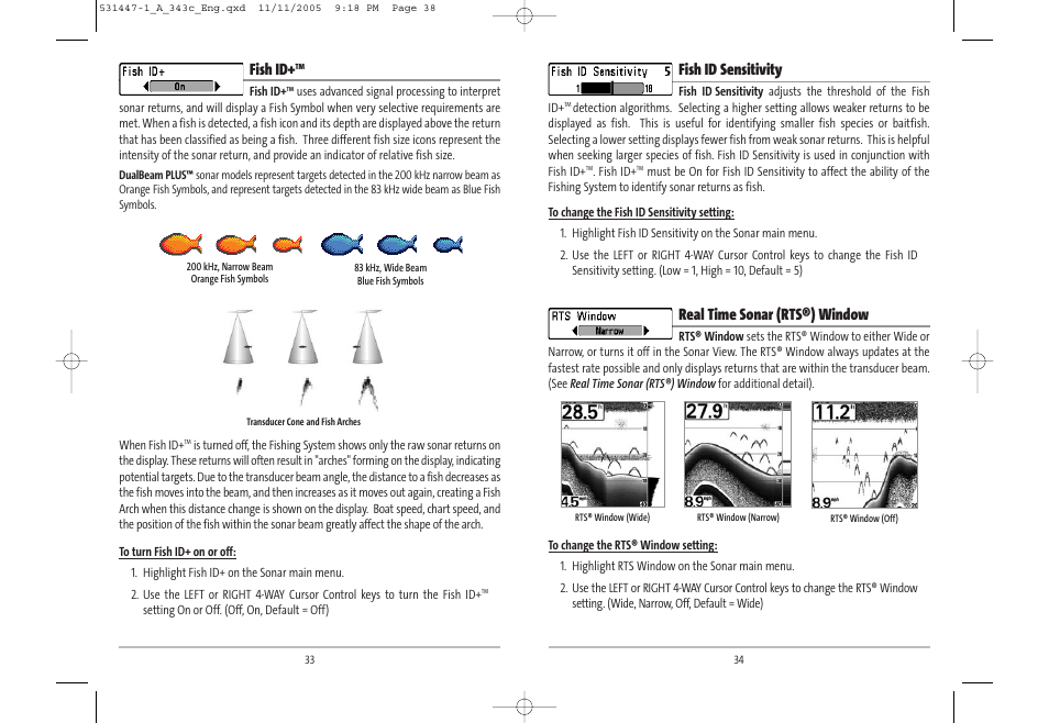 Fish id sensitivity, Real time sonar (rts®) window, Fish id | Humminbird 343c User Manual | Page 20 / 36