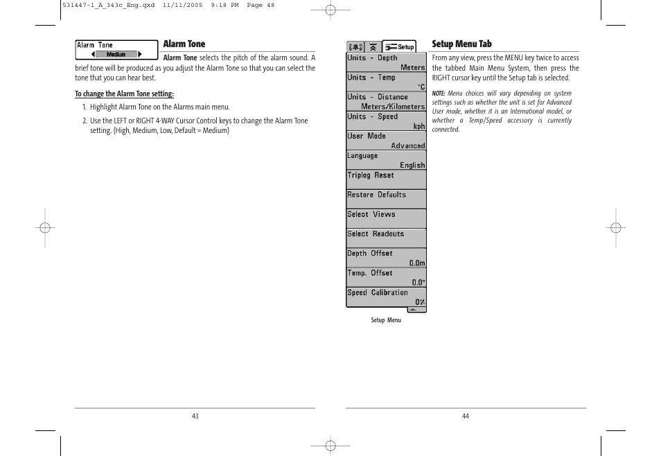 Alarm tone, Setup menu tab | Humminbird 343c User Manual | Page 25 / 36