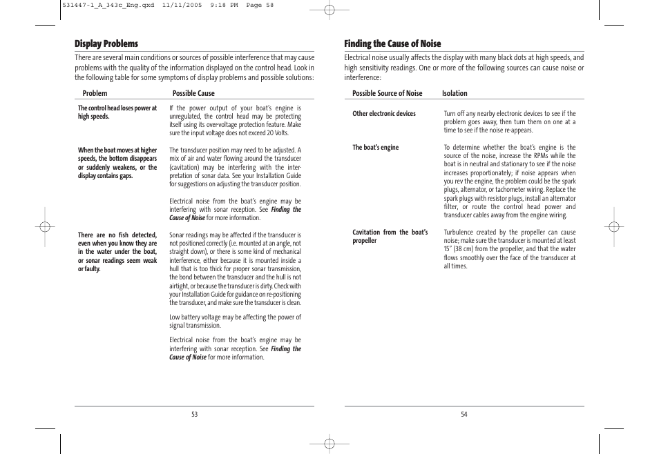 Finding the cause of noise, Display problems | Humminbird 343c User Manual | Page 30 / 36