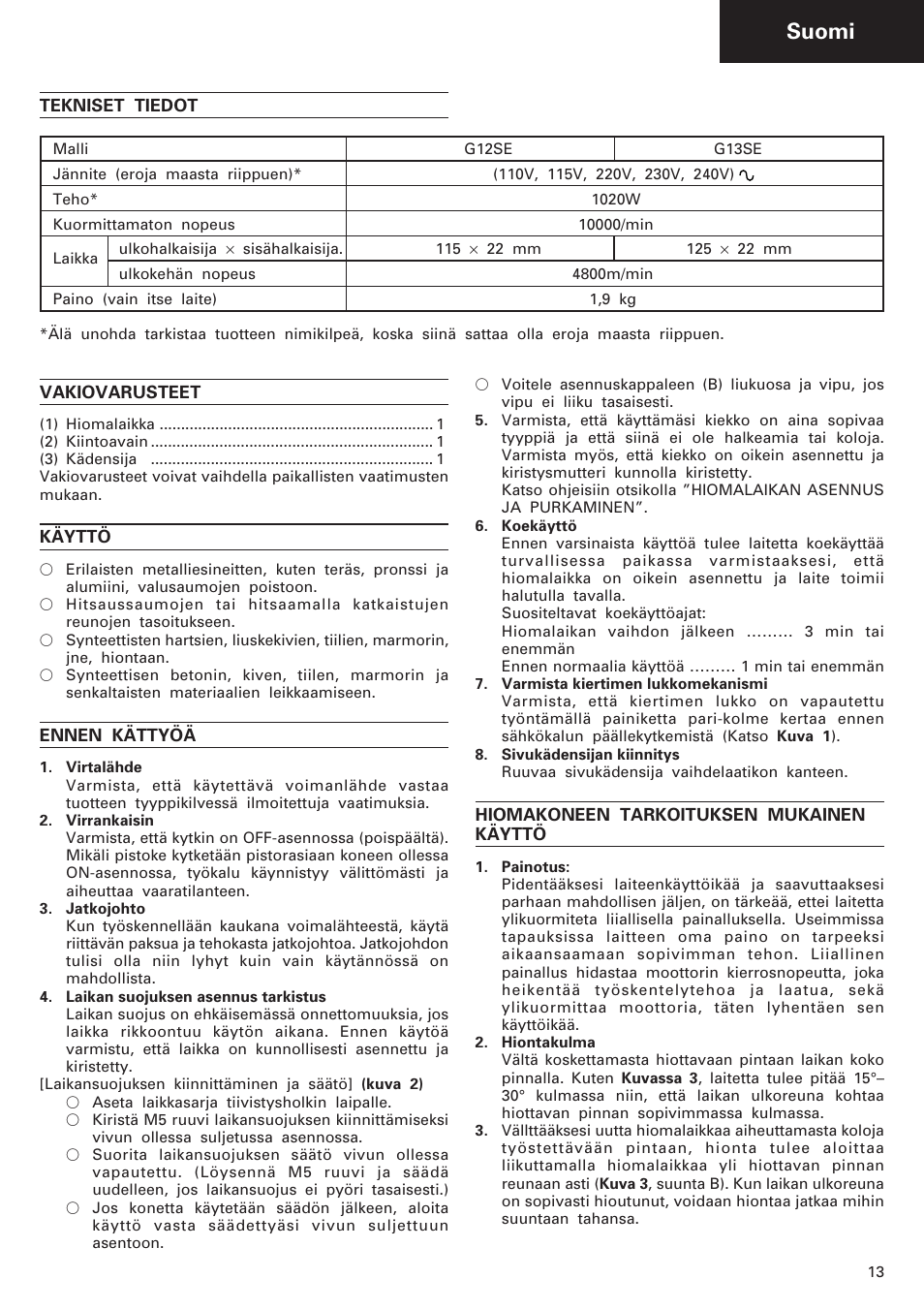 Suomi | Humminbird G 12SE User Manual | Page 14 / 22