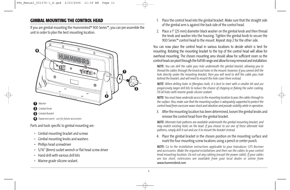 Gimbal mounting the control head | Humminbird ] 981 User Manual | Page 11 / 95