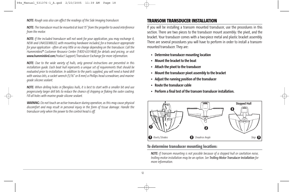 Transom transducer installation | Humminbird ] 981 User Manual | Page 18 / 95