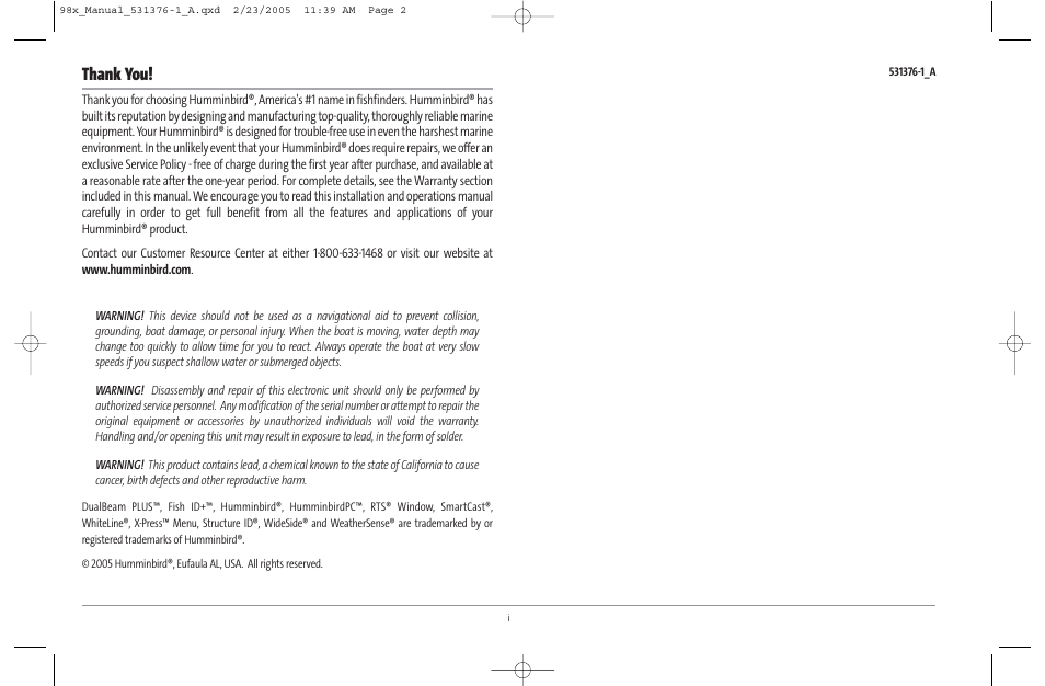 Humminbird ] 981 User Manual | Page 2 / 95