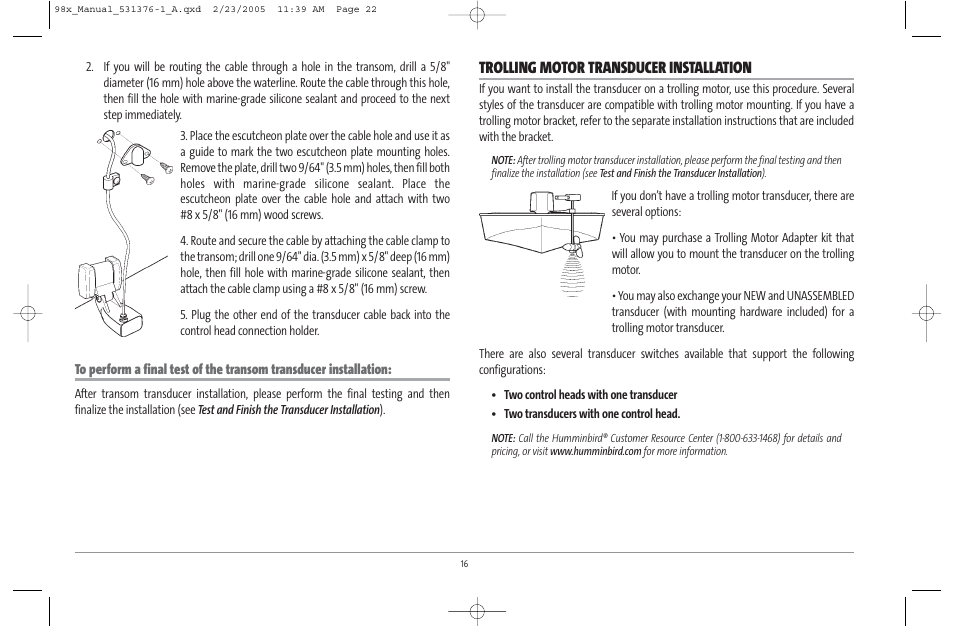 Trolling motor transducer installation | Humminbird ] 981 User Manual | Page 22 / 95