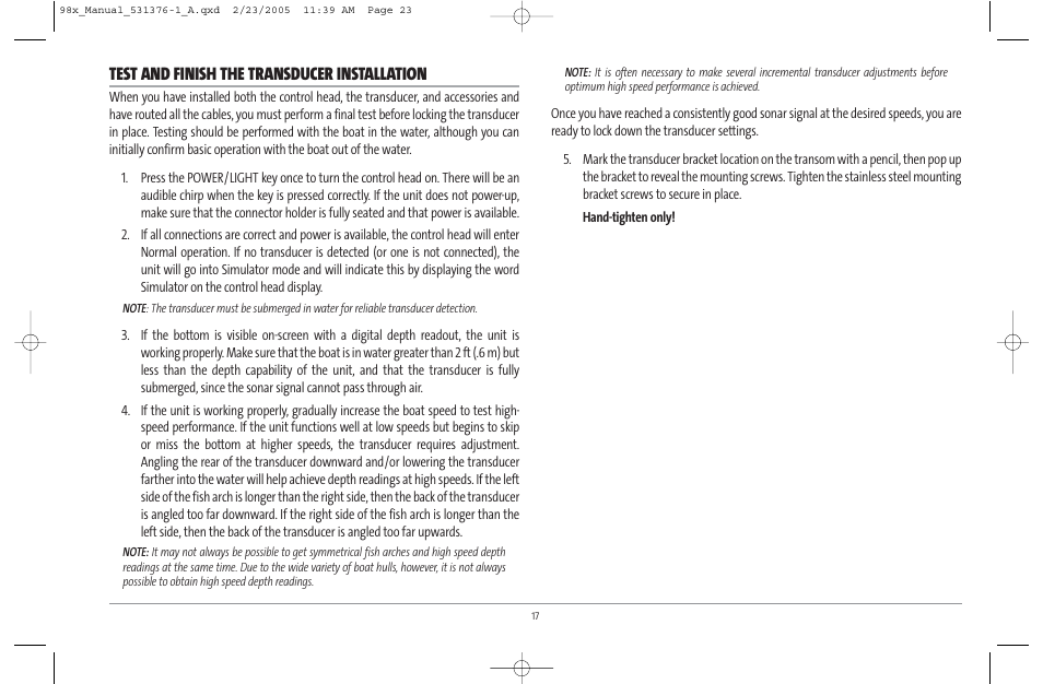 Test and finish the transducer installation | Humminbird ] 981 User Manual | Page 23 / 95