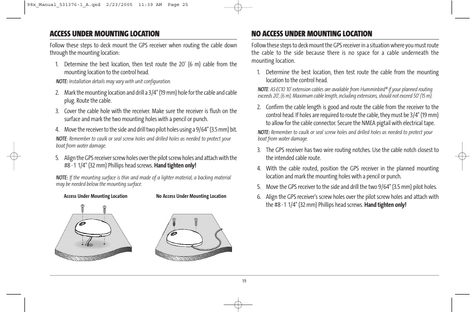 Access under mounting location, No access under mounting location | Humminbird ] 981 User Manual | Page 25 / 95