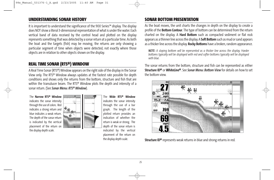Understanding sonar history, Real time sonar (rts®) window, Sonar bottom presentation | Humminbird ] 981 User Manual | Page 31 / 95