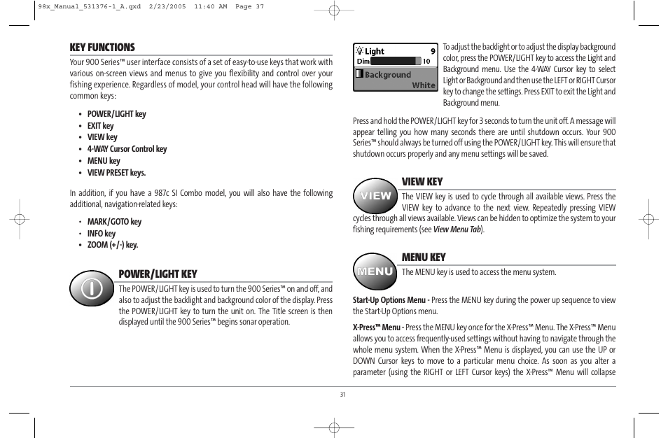 Key functions, Power/light key, View key | Menu key | Humminbird ] 981 User Manual | Page 37 / 95