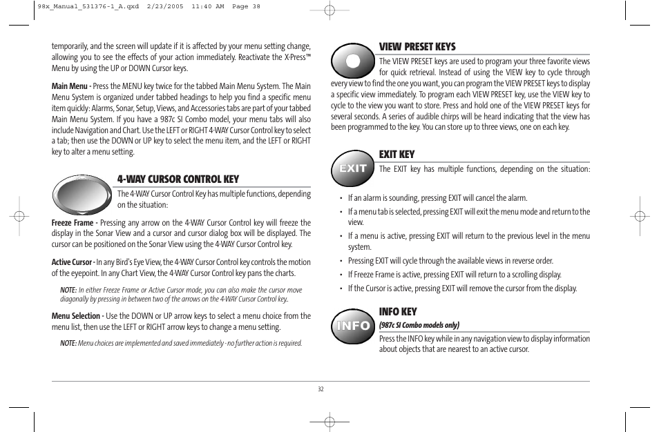 Way cursor control key, View preset keys, Exit key | Info key | Humminbird ] 981 User Manual | Page 38 / 95