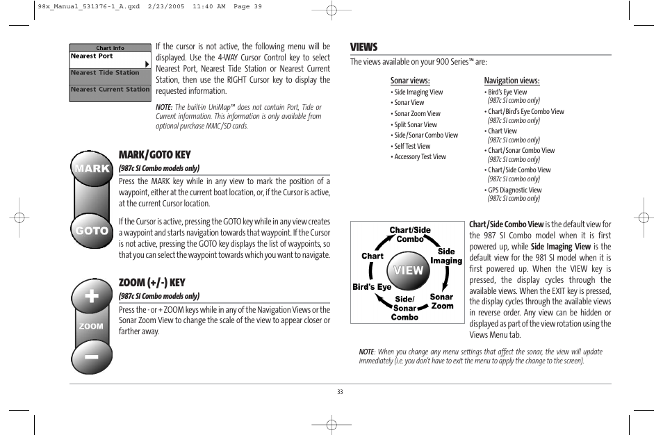 Mark/goto key, Zoom (+/-) key, Views | Humminbird ] 981 User Manual | Page 39 / 95