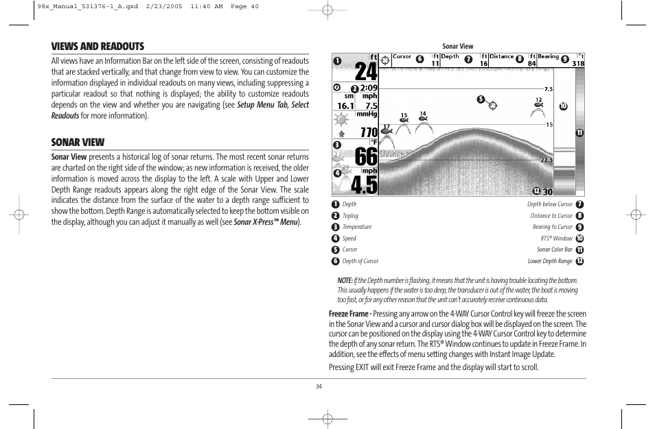 Views and readouts, Sonar view | Humminbird ] 981 User Manual | Page 40 / 95