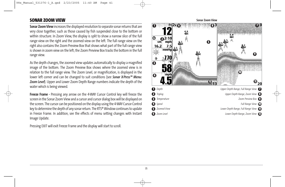 Sonar zoom view | Humminbird ] 981 User Manual | Page 41 / 95