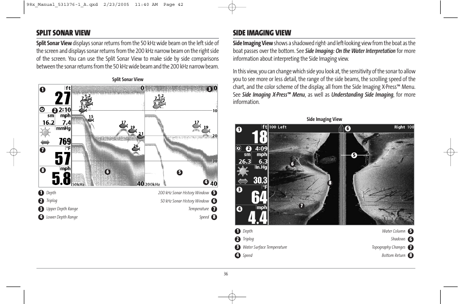 Split sonar view, Side imaging view | Humminbird ] 981 User Manual | Page 42 / 95