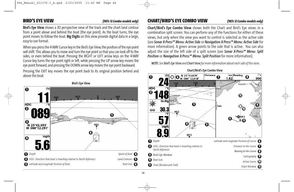 Bird’s eye view, Chart/bird’s eye combo view | Humminbird ] 981 User Manual | Page 44 / 95