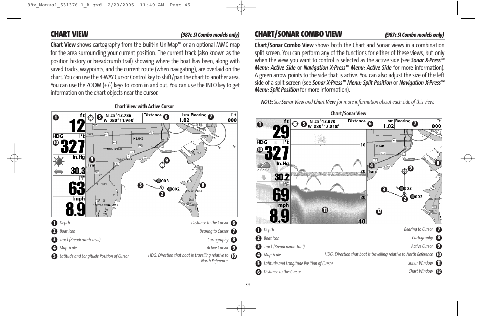 Chart view, Chart/sonar combo view | Humminbird ] 981 User Manual | Page 45 / 95