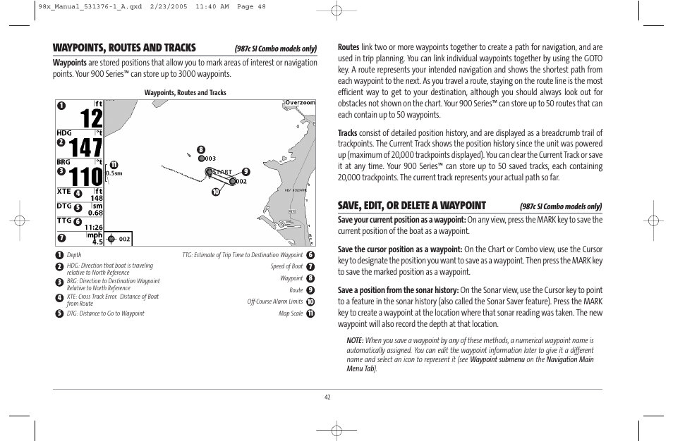 Waypoints, routes and tracks, Save, edit, or delete a waypoint | Humminbird ] 981 User Manual | Page 48 / 95