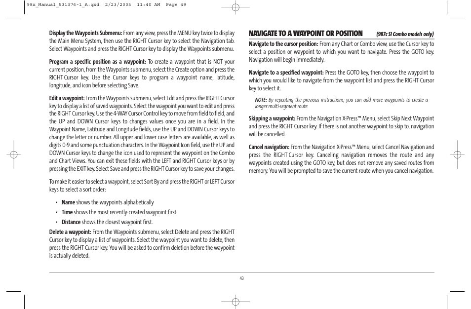 Navigate to a waypoint or position | Humminbird ] 981 User Manual | Page 49 / 95