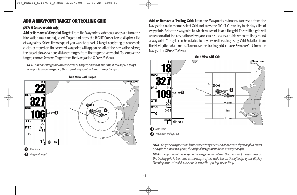 Add a waypoint target or trolling grid | Humminbird ] 981 User Manual | Page 50 / 95