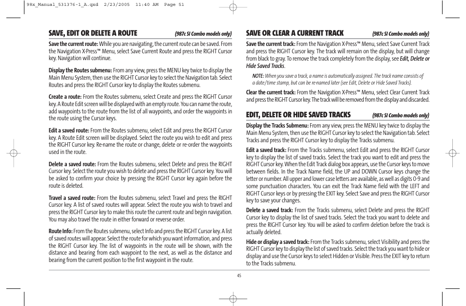 Save, edit or delete a route, Save or clear a current track, Edit, delete or hide saved tracks | Humminbird ] 981 User Manual | Page 51 / 95