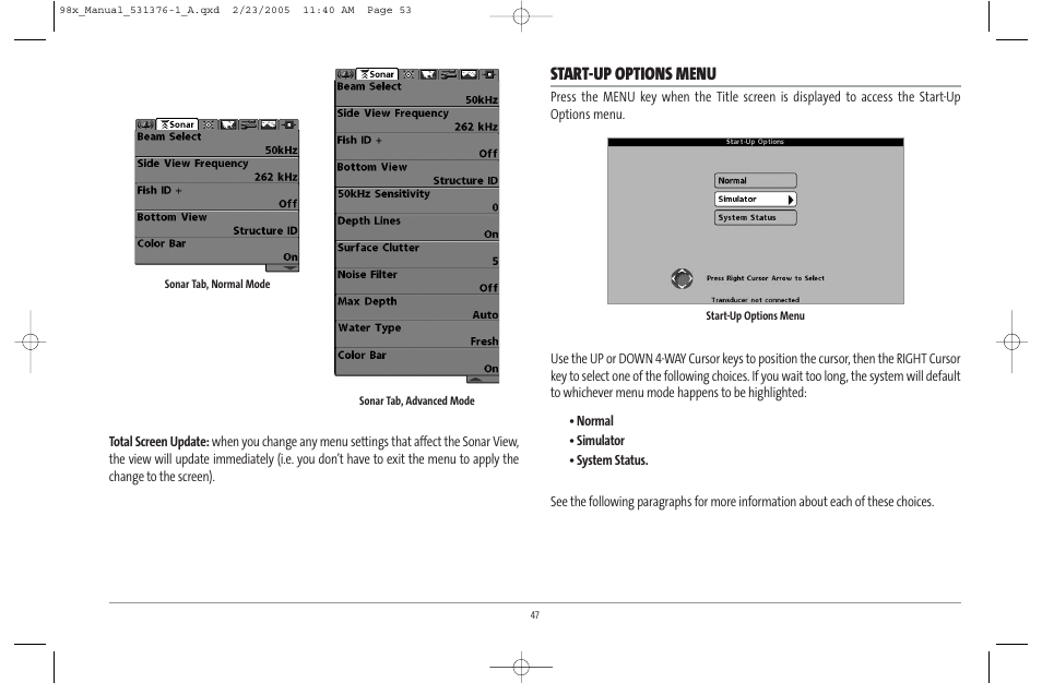 Start-up options menu | Humminbird ] 981 User Manual | Page 53 / 95