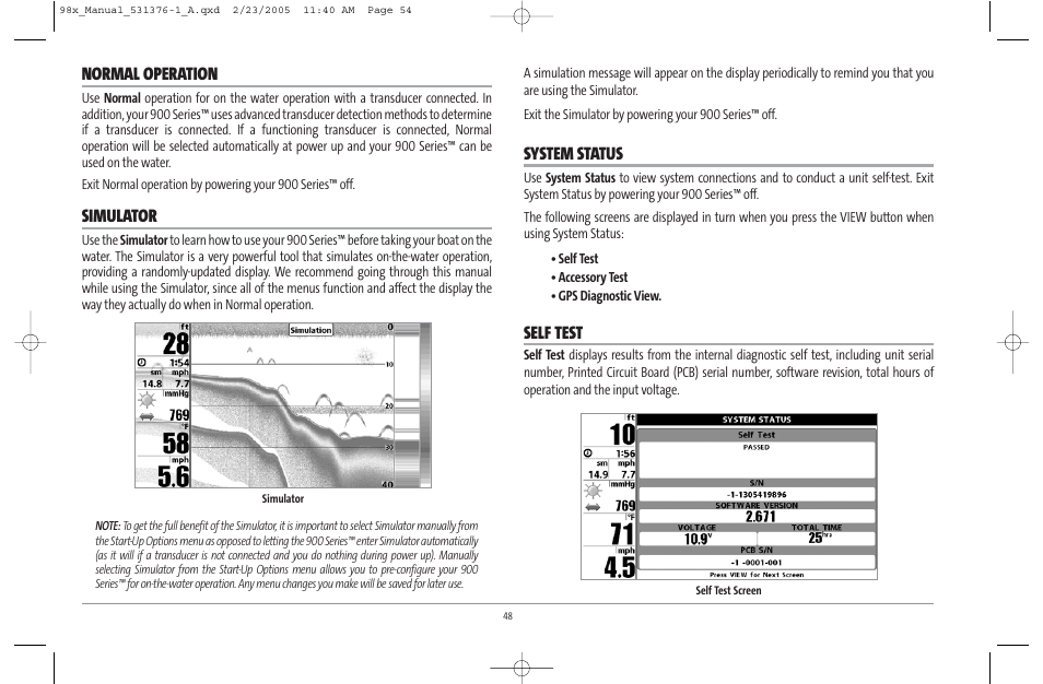 Normal operation, Simulator, System status | Self test | Humminbird ] 981 User Manual | Page 54 / 95