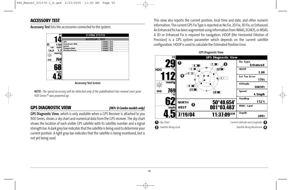 Accessory test, Gps diagnostic view | Humminbird ] 981 User Manual | Page 55 / 95