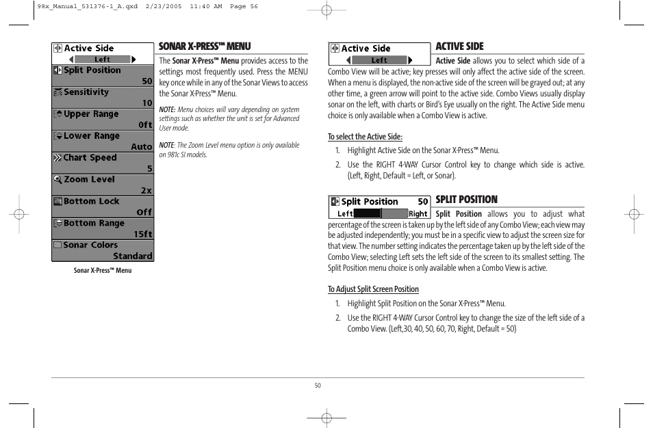 Sonar x-press™ menu, Active side, Split position | Humminbird ] 981 User Manual | Page 56 / 95