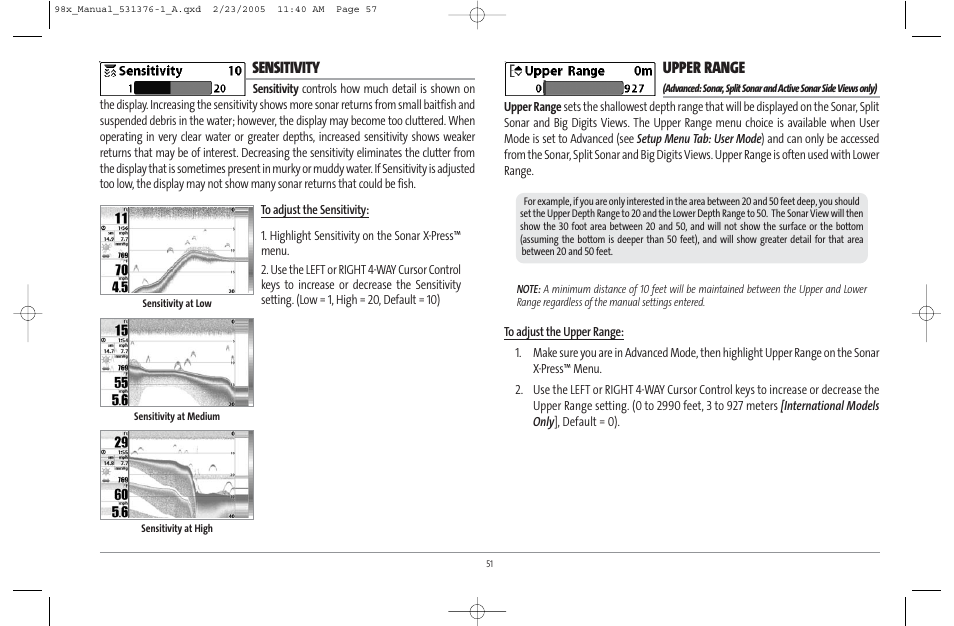 Sensitivity, Upper range | Humminbird ] 981 User Manual | Page 57 / 95