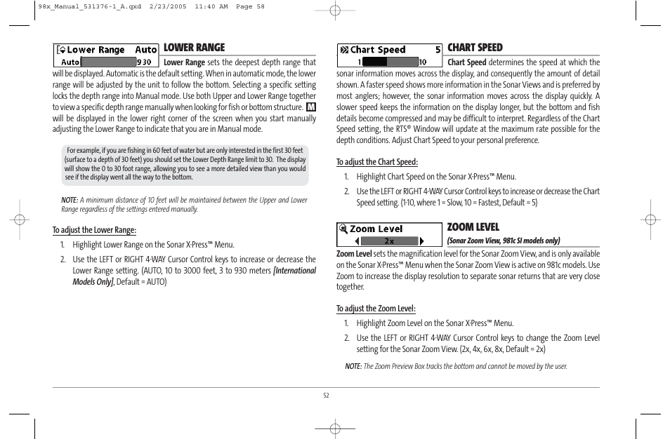 Lower range, Chart speed, Zoom level | Humminbird ] 981 User Manual | Page 58 / 95