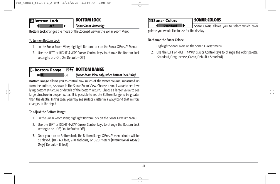 Bottom lock, Bottom range, Sonar colors | Humminbird ] 981 User Manual | Page 59 / 95