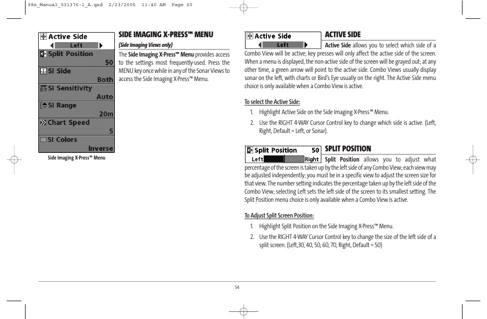 Side imaging x-press™ menu, Active side, Split position | Humminbird ] 981 User Manual | Page 60 / 95