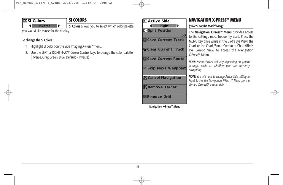 Si colors, Navigation x-press™ menu | Humminbird ] 981 User Manual | Page 62 / 95