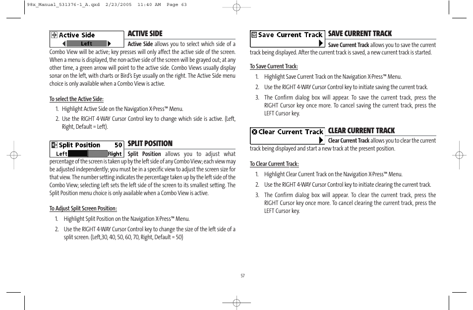 Active side, Split position, Save current track | Clear current track | Humminbird ] 981 User Manual | Page 63 / 95